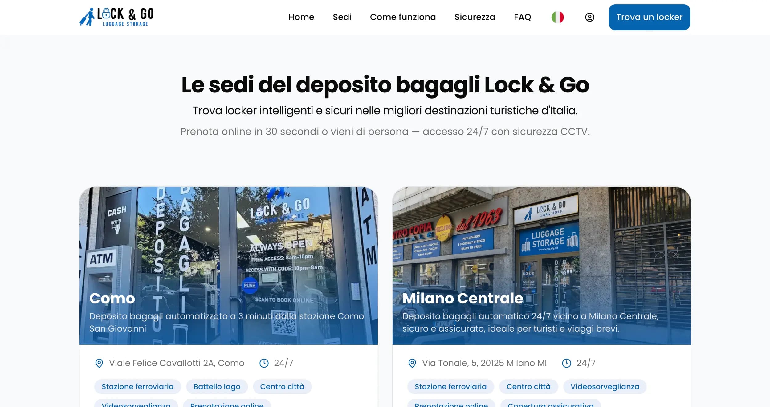 La pagina sedi elenca gli hub di Como e Milano con indirizzo e orari.